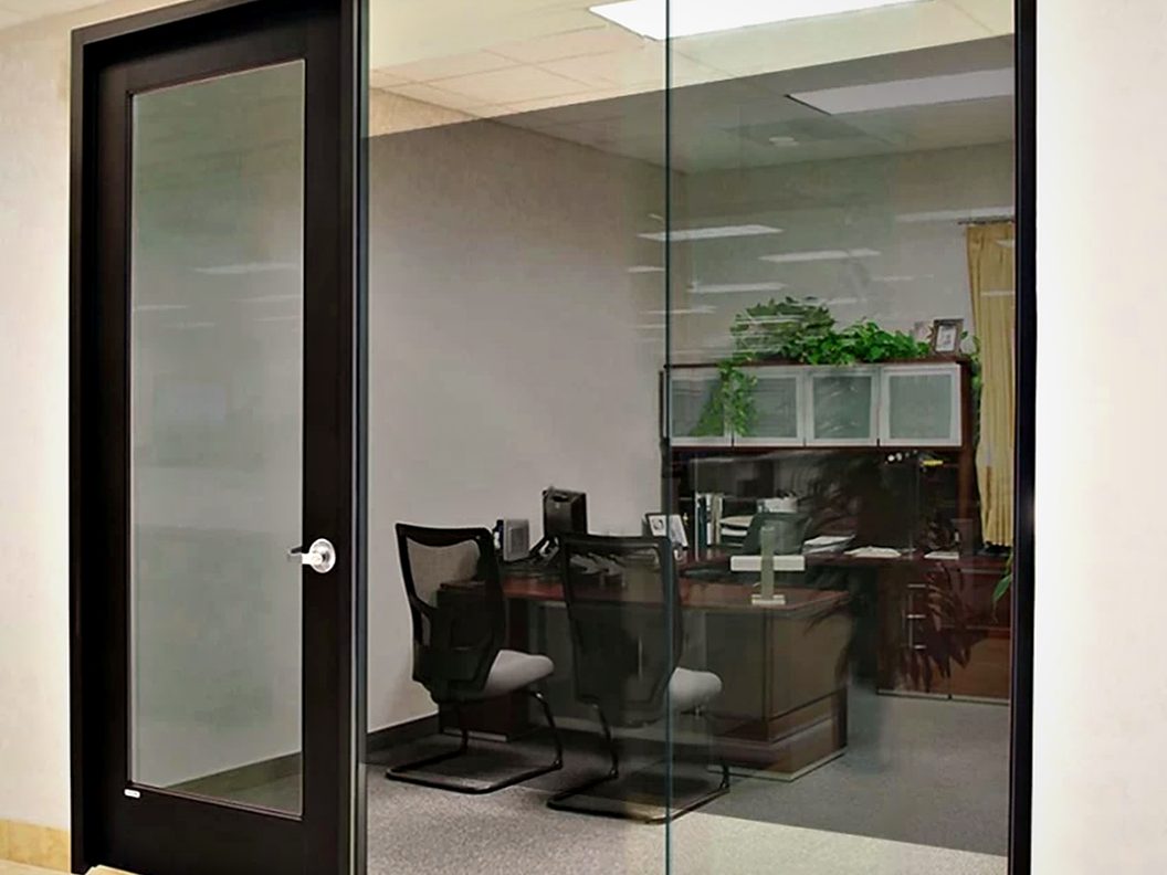 Frosted banding to a glazed cabin front, set at seated eye level for privacy without losing daylight.