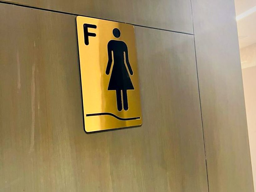 Gold-finish restroom pictogram plate mounted flush to a brushed-metal wall panel in a corporate lobby.